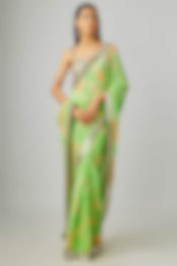 Green & Orange Georgette Embroidered Tie-Dye Reception Saree Set by Akanksha Gajria at Pernia's Pop Up Shop