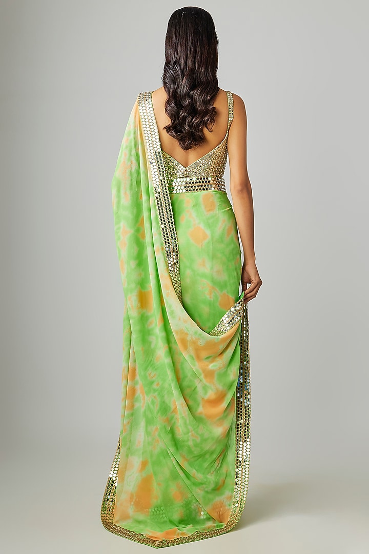 Green & Orange Georgette Embroidered Tie-Dye Reception Saree Set by Akanksha Gajria at Pernia's Pop Up Shop
