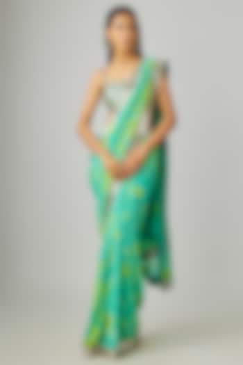 Aqua Green Georgette Embroidered Tie-Dye Reception Saree Set by Akanksha Gajria at Pernia's Pop Up Shop