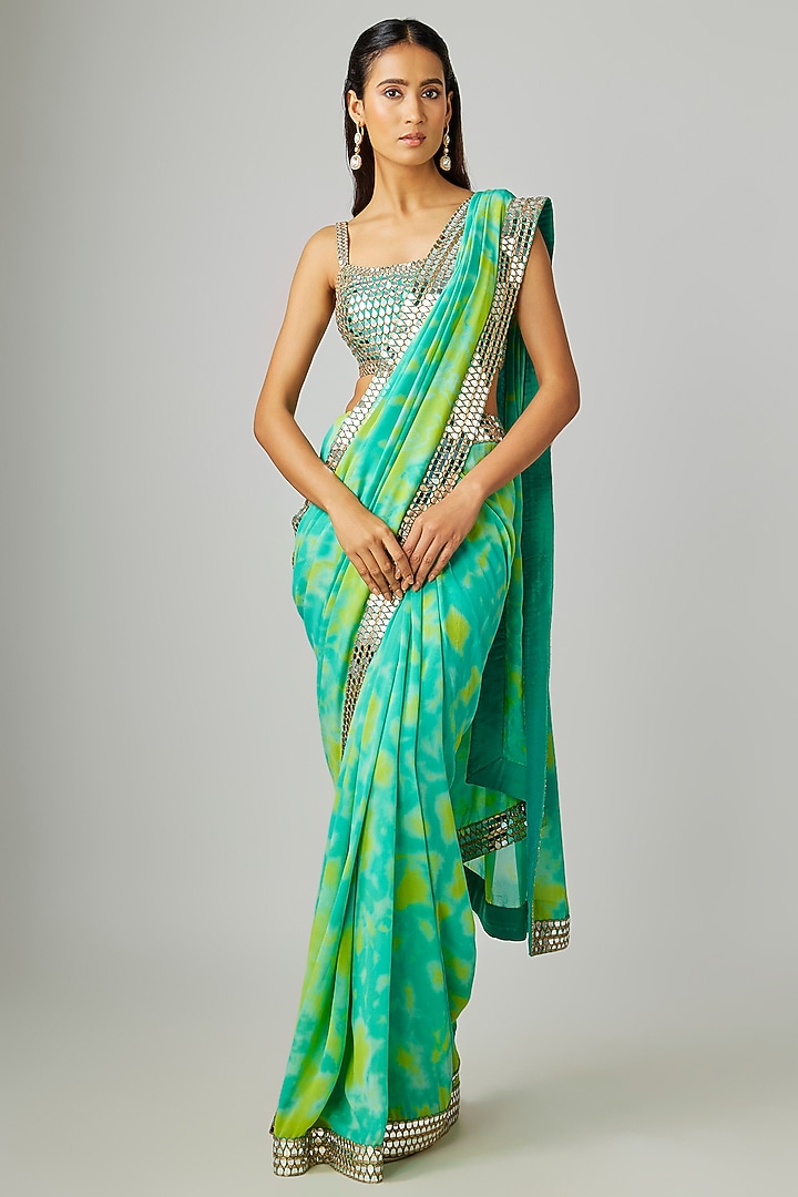 Aqua Green Georgette Embroidered Tie-Dye Reception Saree Set by Akanksha Gajria at Pernia's Pop Up Shop