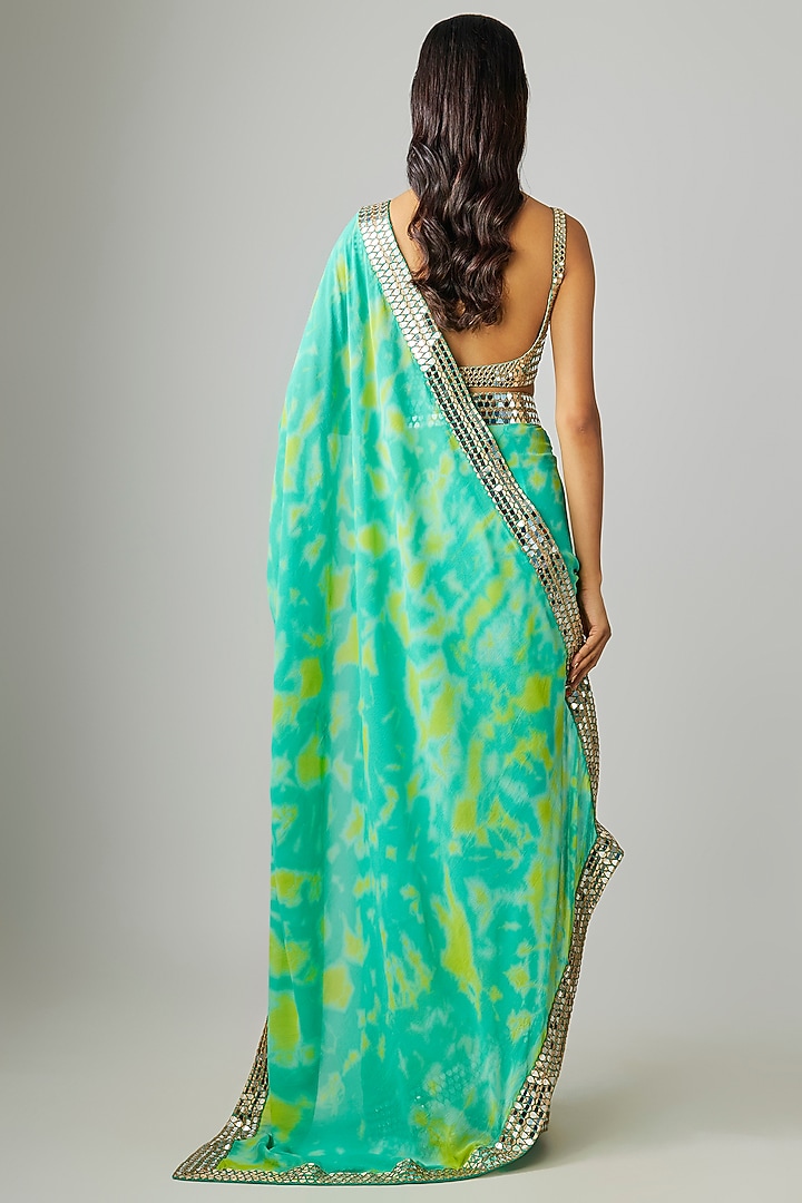 Aqua Green Georgette Embroidered Tie-Dye Reception Saree Set by Akanksha Gajria at Pernia's Pop Up Shop