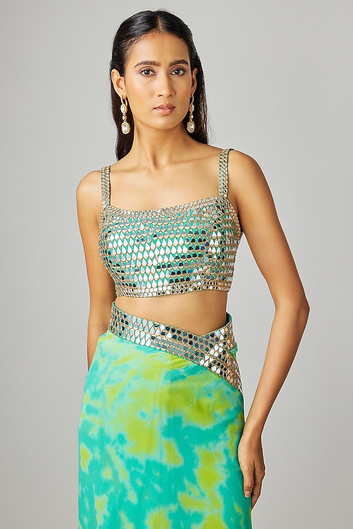 Aqua Green Georgette Embroidered Tie-Dye Reception Saree Set by Akanksha Gajria at Pernia's Pop Up Shop