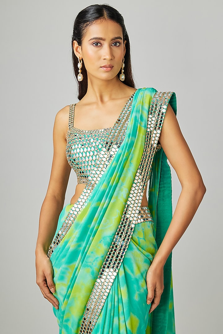 Aqua Green Georgette Embroidered Tie-Dye Reception Saree Set by Akanksha Gajria at Pernia's Pop Up Shop