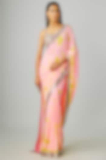 Pink & Yellow Georgette Embroidered Tie-Dye Reception Saree Set by Akanksha Gajria at Pernia's Pop Up Shop