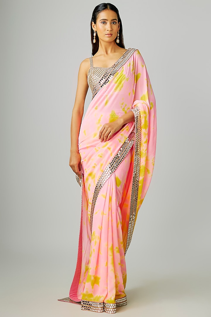 Pink & Yellow Georgette Embroidered Tie-Dye Reception Saree Set by Akanksha Gajria at Pernia's Pop Up Shop