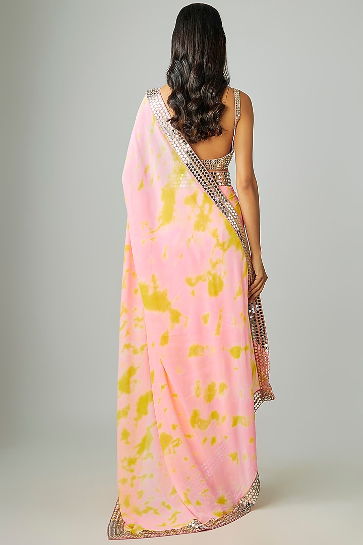 Pink & Yellow Georgette Embroidered Tie-Dye Reception Saree Set by Akanksha Gajria at Pernia's Pop Up Shop