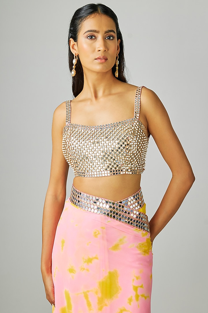 Pink & Yellow Georgette Embroidered Tie-Dye Reception Saree Set by Akanksha Gajria at Pernia's Pop Up Shop