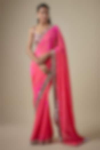 Pink & Orange Georgette Hand Tie-Dye Reception Saree Set by Akanksha Gajria at Pernia's Pop Up Shop