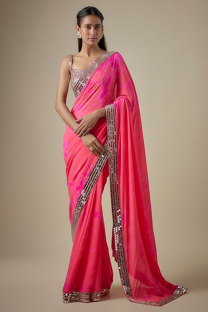 Pink & Orange Georgette Hand Tie-Dye Reception Saree Set by Akanksha Gajria at Pernia's Pop Up Shop