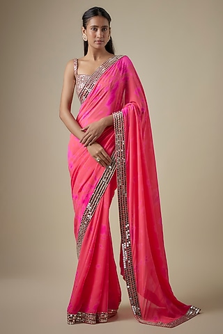 Pink & Orange Georgette Hand Tie-Dye Saree Set by Akanksha Gajria