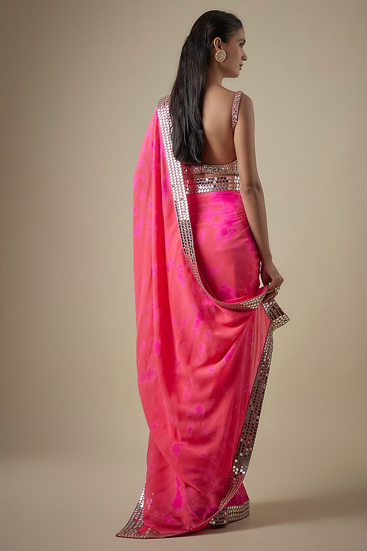 Pink & Orange Georgette Hand Tie-Dye Reception Saree Set by Akanksha Gajria at Pernia's Pop Up Shop