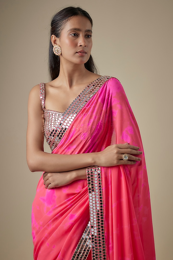 Pink & Orange Georgette Hand Tie-Dye Reception Saree Set by Akanksha Gajria at Pernia's Pop Up Shop