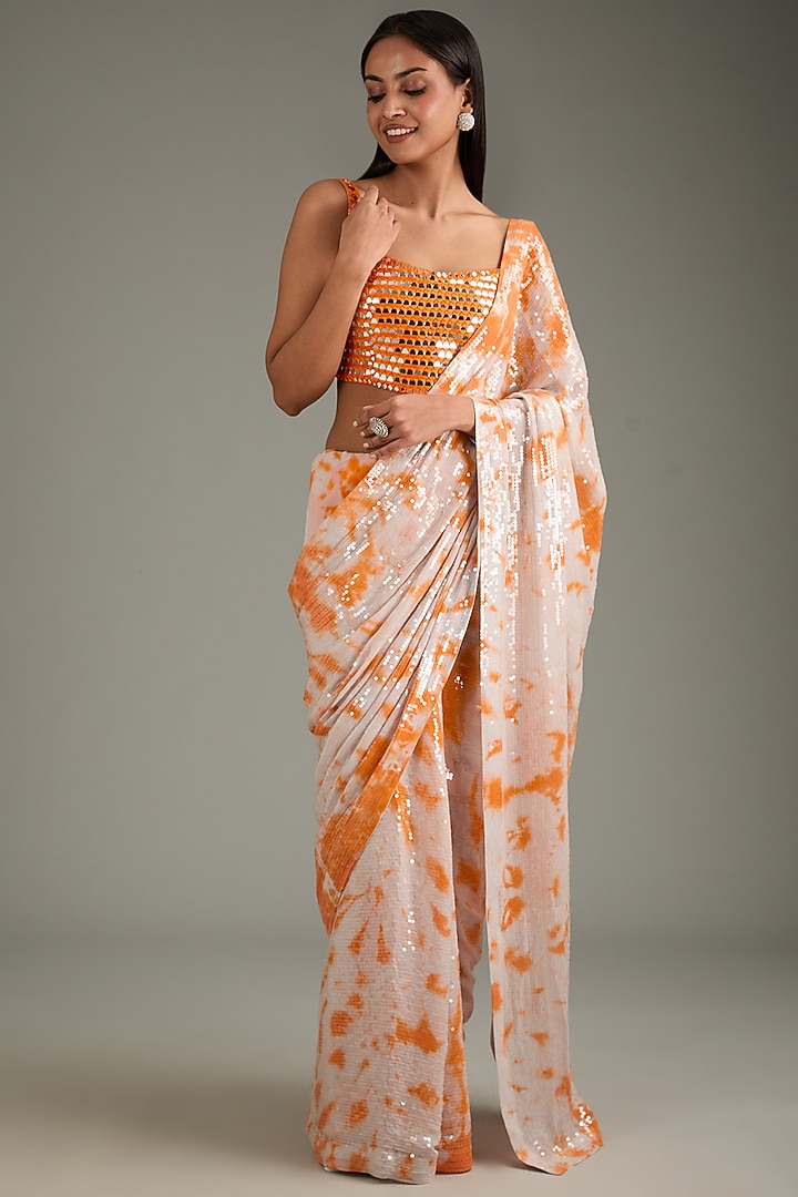 Orange & Ivory Georgette Sheeted Tie-Dye Reception Saree Set by Akanksha Gajria at Pernia's Pop Up Shop