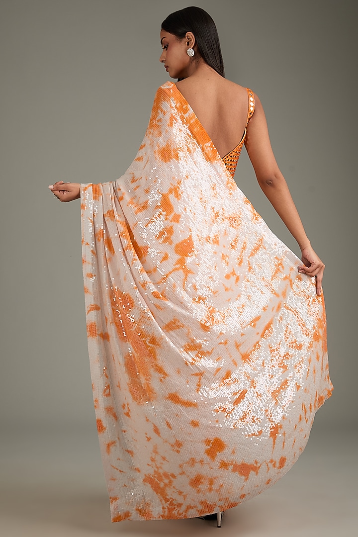 Orange & Ivory Georgette Sheeted Tie-Dye Reception Saree Set by Akanksha Gajria at Pernia's Pop Up Shop