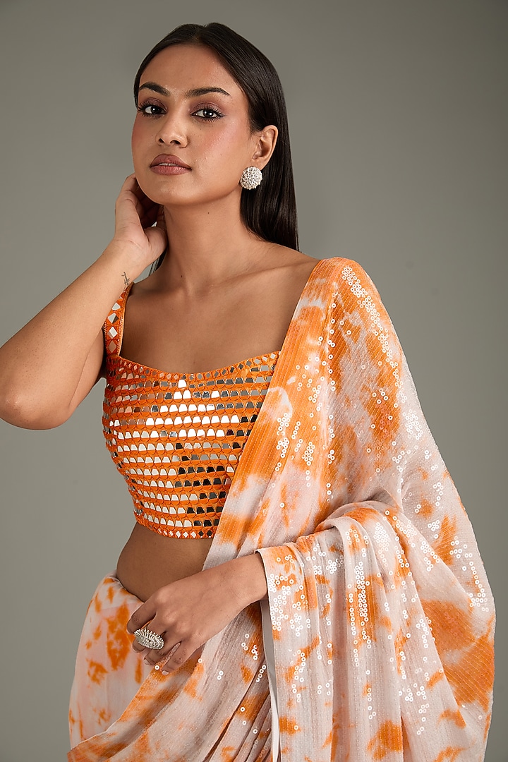 Orange & Ivory Georgette Sheeted Tie-Dye Reception Saree Set by Akanksha Gajria at Pernia's Pop Up Shop