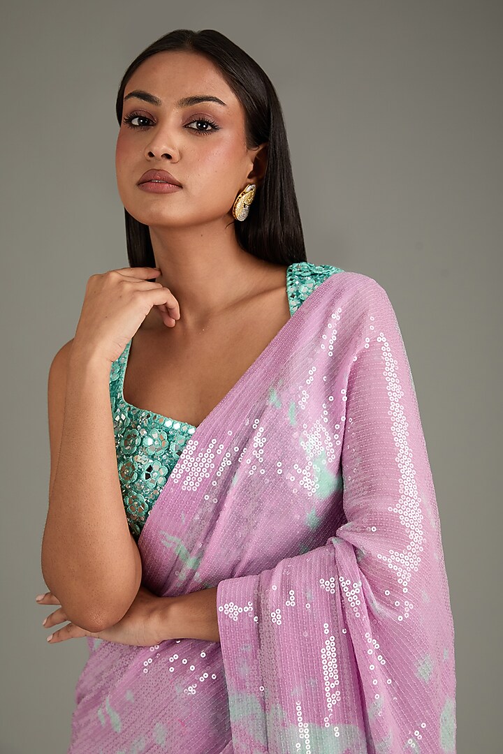 Lilac Georgette Sequins Sheeted Tie-Dye Reception Saree Set by Akanksha Gajria at Pernia's Pop Up Shop