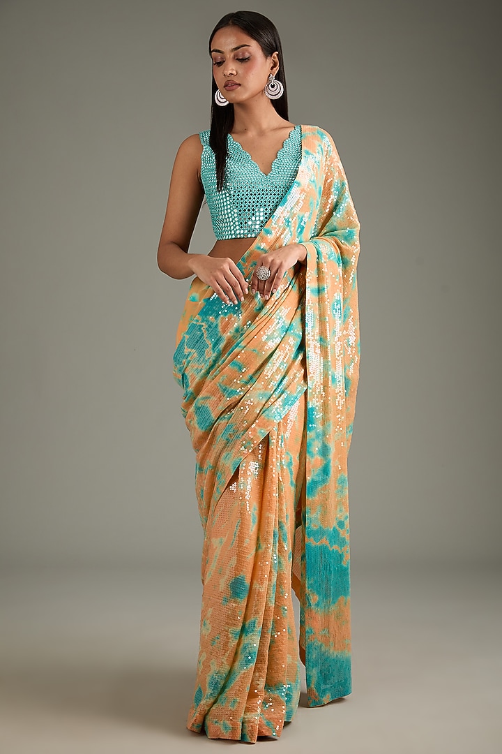 Orange & Turquoise Georgette Sequins Sheeted Tie-Dye Reception Saree Set by Akanksha Gajria at Pernia's Pop Up Shop