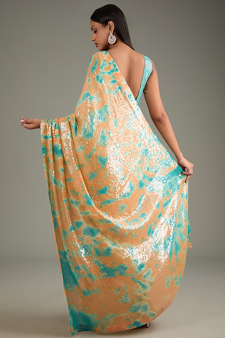 Orange & Turquoise Georgette Sequins Sheeted Tie-Dye Reception Saree Set by Akanksha Gajria at Pernia's Pop Up Shop