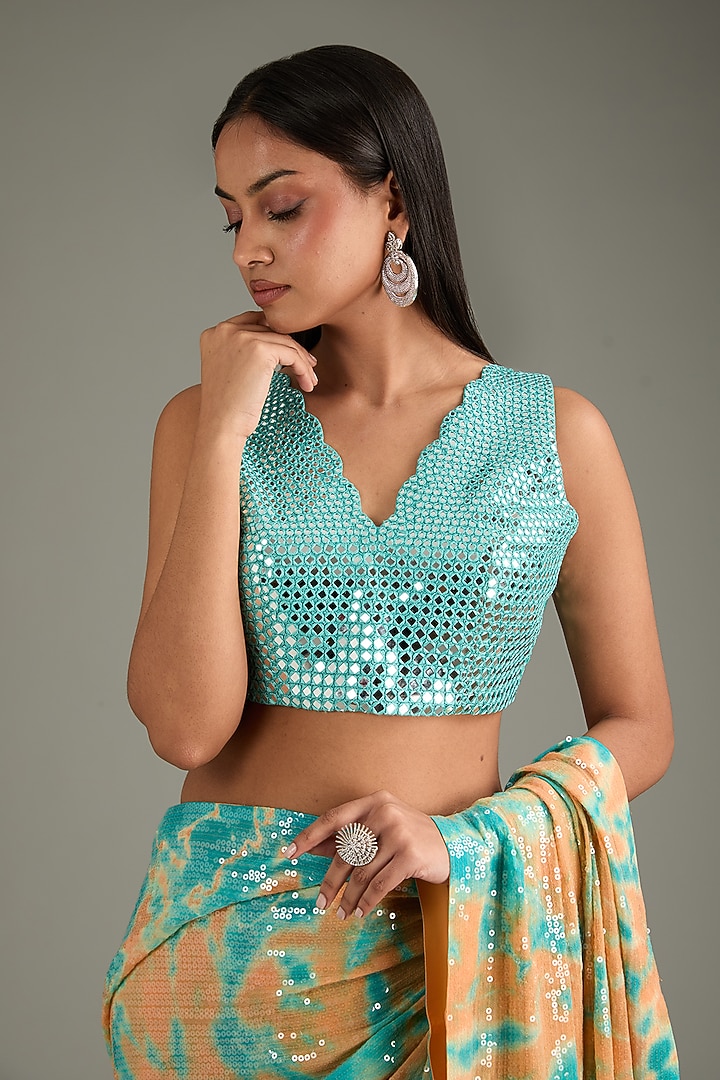Orange & Turquoise Georgette Sequins Sheeted Tie-Dye Reception Saree Set by Akanksha Gajria at Pernia's Pop Up Shop