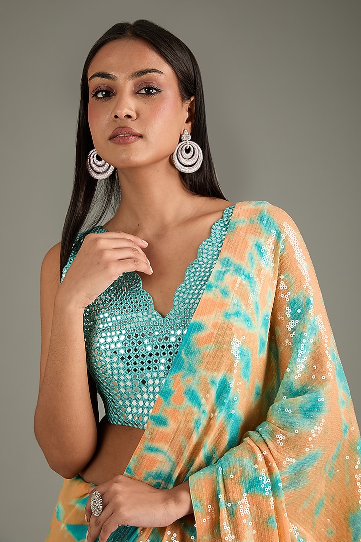 Orange & Turquoise Georgette Sequins Sheeted Tie-Dye Reception Saree Set by Akanksha Gajria at Pernia's Pop Up Shop