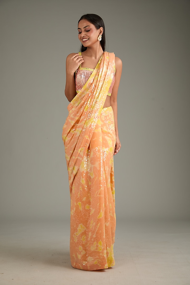Orange & Yellow Georgette Sequins Sheeted Tie-Dye Reception Saree Set by Akanksha Gajria at Pernia's Pop Up Shop