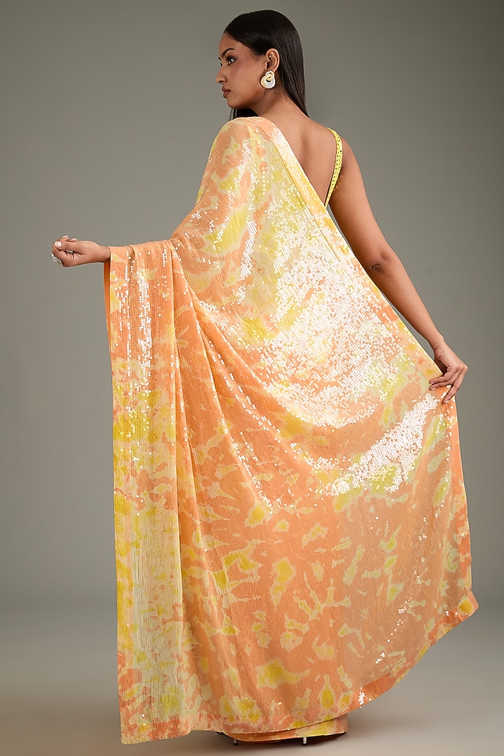 Orange & Yellow Georgette Sequins Sheeted Tie-Dye Reception Saree Set by Akanksha Gajria at Pernia's Pop Up Shop