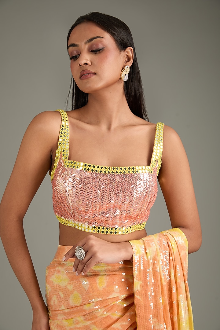 Orange & Yellow Georgette Sequins Sheeted Tie-Dye Reception Saree Set by Akanksha Gajria at Pernia's Pop Up Shop