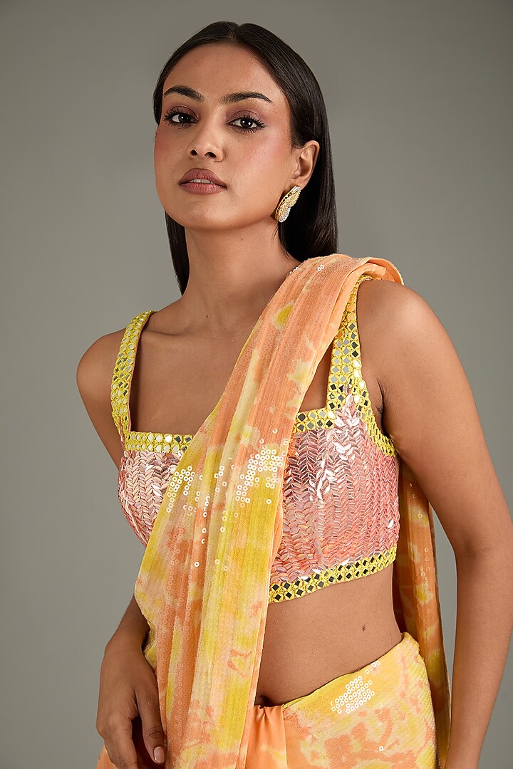 Orange & Yellow Georgette Sequins Sheeted Tie-Dye Reception Saree Set by Akanksha Gajria at Pernia's Pop Up Shop