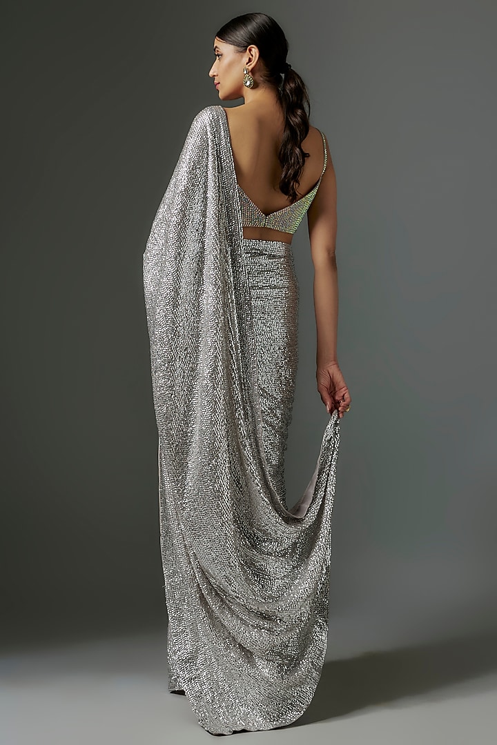 Silver Georgette Sheeted Sequins Embroidered Reception Saree Set by Akanksha Gajria at Pernia's Pop Up Shop
