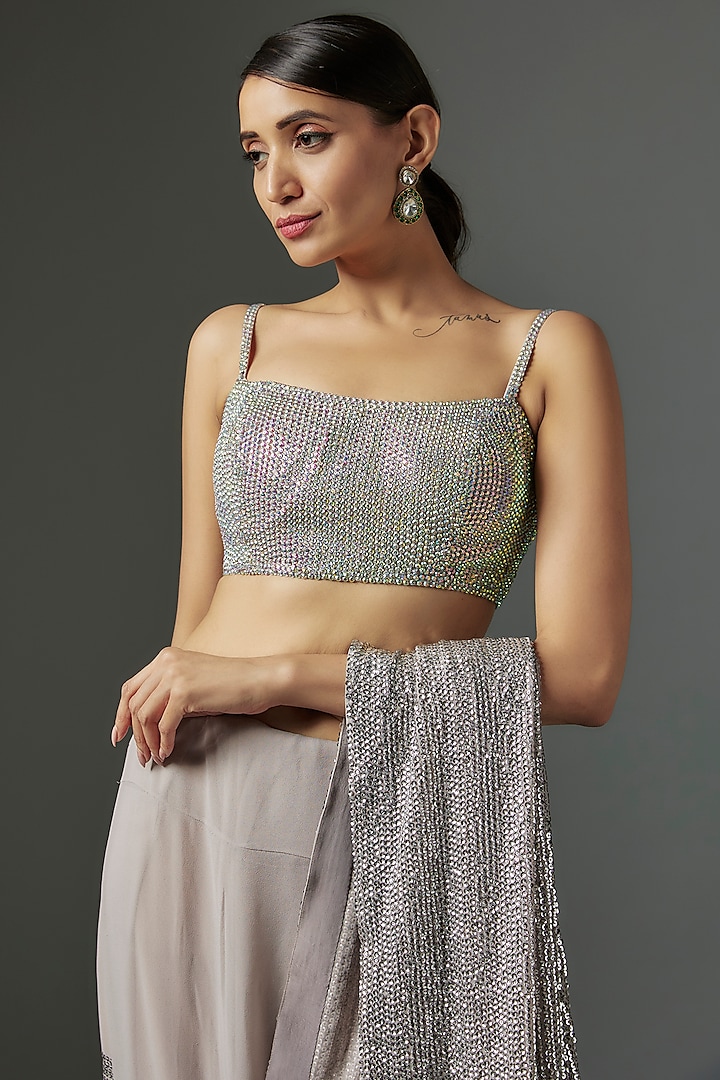Silver Georgette Sheeted Sequins Embroidered Reception Saree Set by Akanksha Gajria at Pernia's Pop Up Shop
