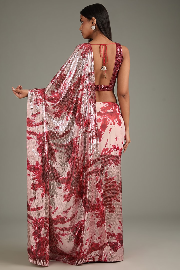 Silver & Red Georgette Sequins Sheeted Reception Saree Set by Akanksha Gajria at Pernia's Pop Up Shop