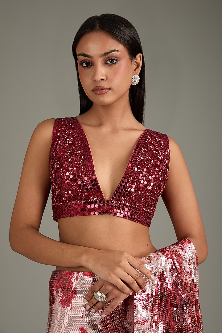 Silver & Red Georgette Sequins Sheeted Reception Saree Set by Akanksha Gajria at Pernia's Pop Up Shop