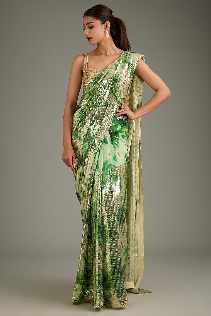 Silver & Green Georgette Sequins Sheeted Tie-Dye Saree Set by Akanksha Gajria