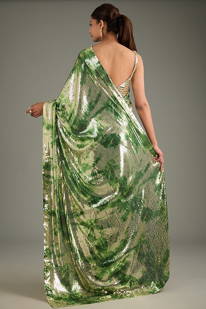 Silver & Green Georgette Sequins Sheeted Tie-Dye Reception Saree Set by Akanksha Gajria at Pernia's Pop Up Shop