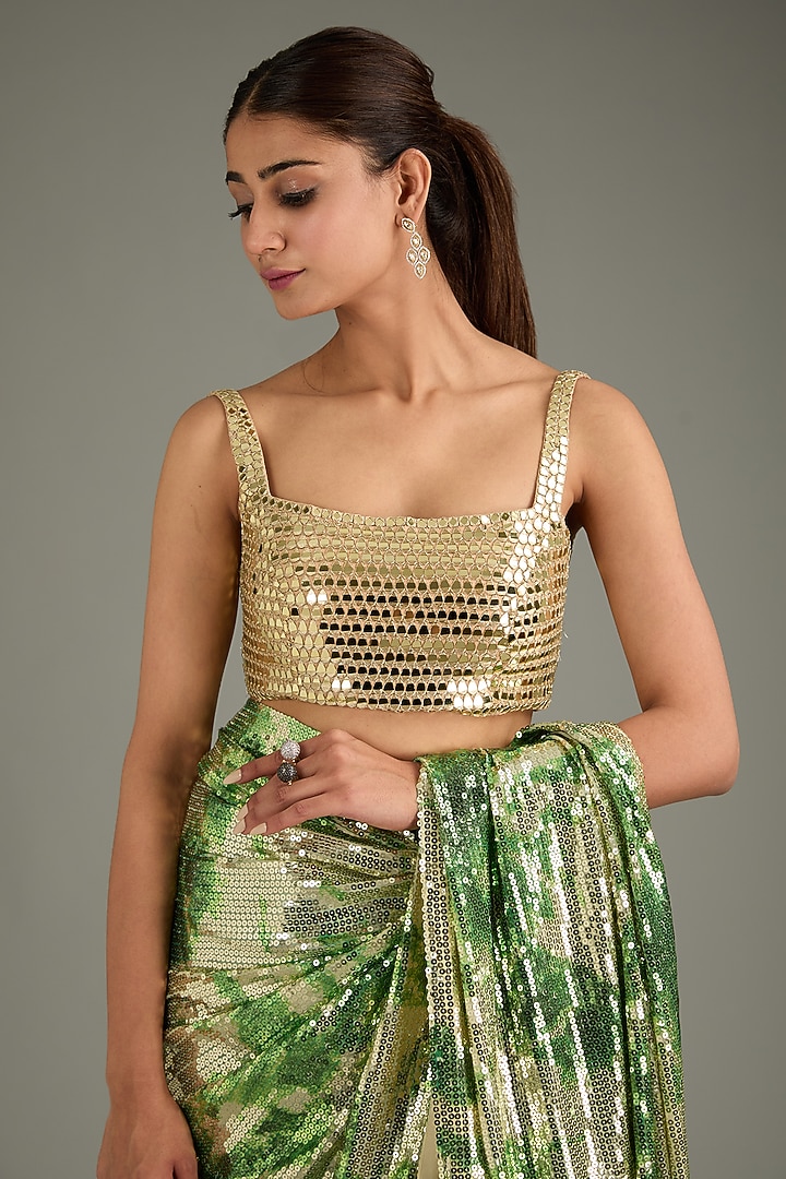 Silver & Green Georgette Sequins Sheeted Tie-Dye Reception Saree Set by Akanksha Gajria at Pernia's Pop Up Shop