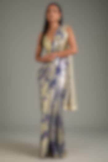 Silver & Blue Georgette Sequins Sheeted Saree Set by Akanksha Gajria