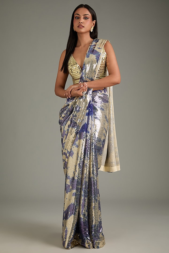 Silver & Blue Georgette Sequins Sheeted Saree Set by Akanksha Gajria