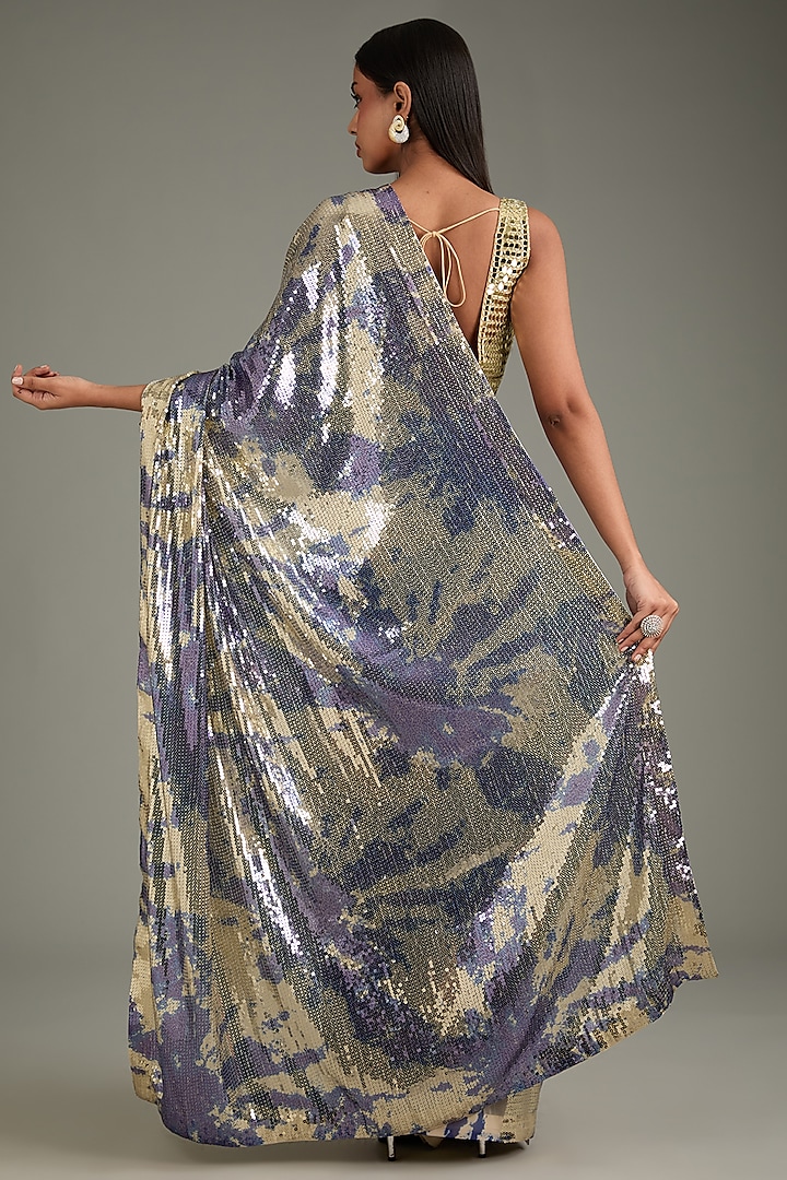 Silver & Blue Georgette Sequins Sheeted Reception Saree Set by Akanksha Gajria at Pernia's Pop Up Shop