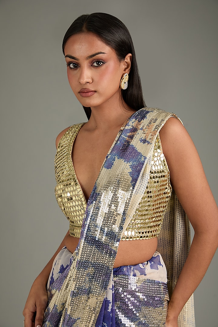 Silver & Blue Georgette Sequins Sheeted Reception Saree Set by Akanksha Gajria at Pernia's Pop Up Shop