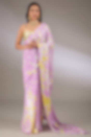 Lilac & Yellow Sequins Hand Tie-Dyed Reception Saree Set by Akanksha Gajria at Pernia's Pop Up Shop