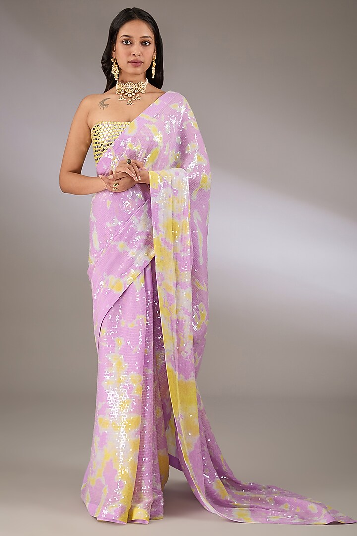 Lilac & Yellow Sequins Hand Tie-Dyed Reception Saree Set by Akanksha Gajria at Pernia's Pop Up Shop