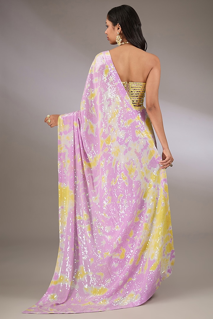 Lilac & Yellow Sequins Hand Tie-Dyed Reception Saree Set by Akanksha Gajria at Pernia's Pop Up Shop