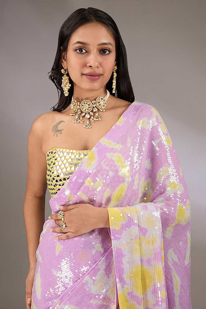 Lilac & Yellow Sequins Hand Tie-Dyed Reception Saree Set by Akanksha Gajria at Pernia's Pop Up Shop