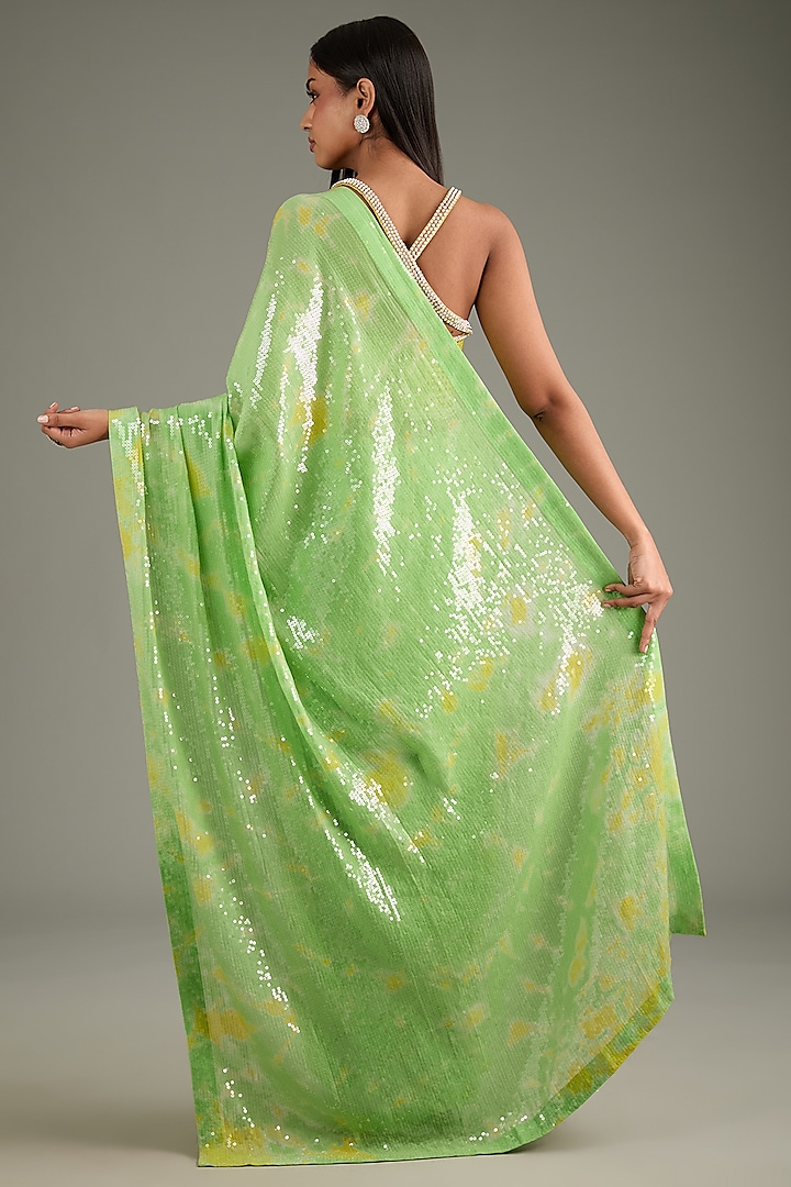 Green & Yellow Georgette Sequins Sheeted Tie-Dye Reception Saree Set by Akanksha Gajria at Pernia's Pop Up Shop
