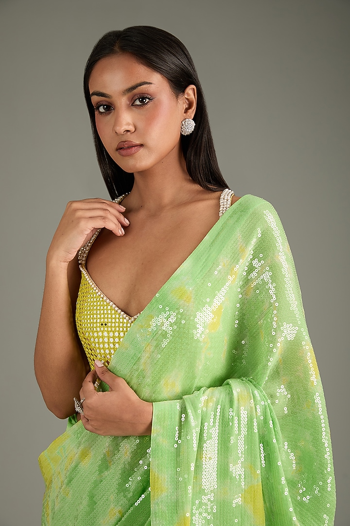 Green & Yellow Georgette Sequins Sheeted Tie-Dye Reception Saree Set by Akanksha Gajria at Pernia's Pop Up Shop