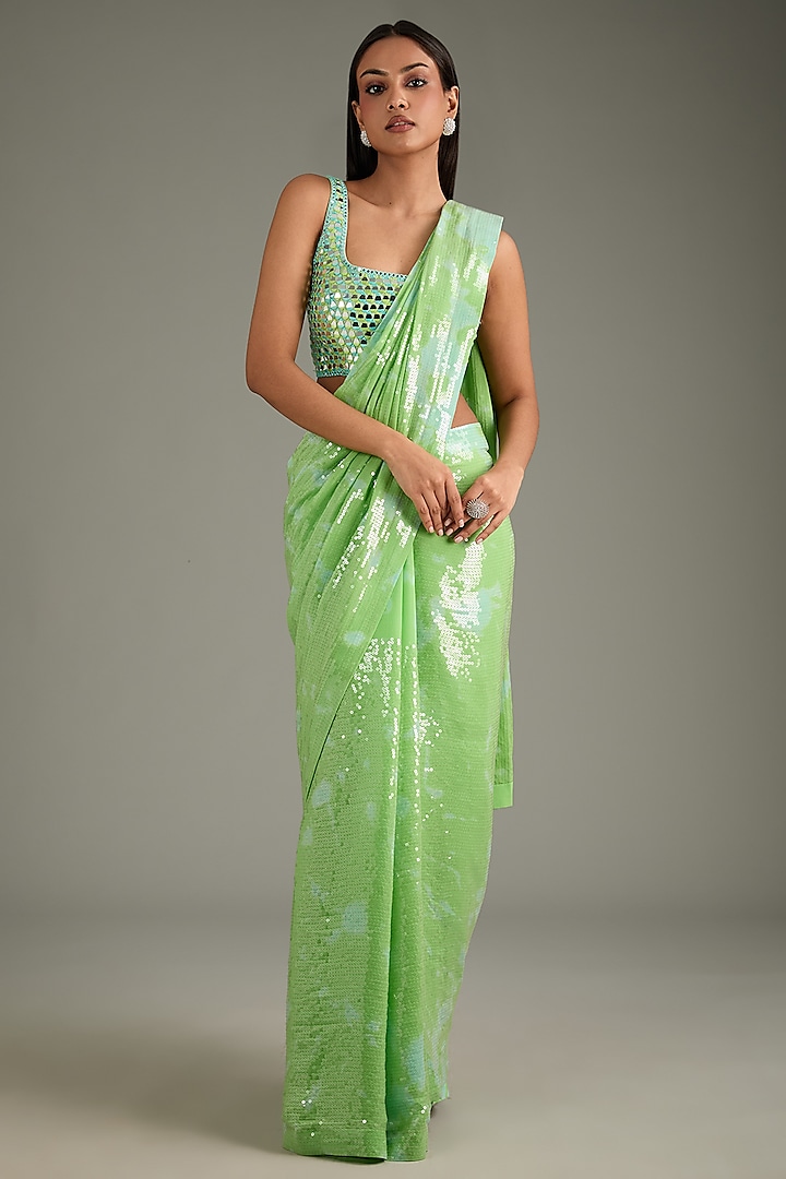 Green Georgette Sequins Sheeted Tie-Dye Reception Saree Set by Akanksha Gajria at Pernia's Pop Up Shop