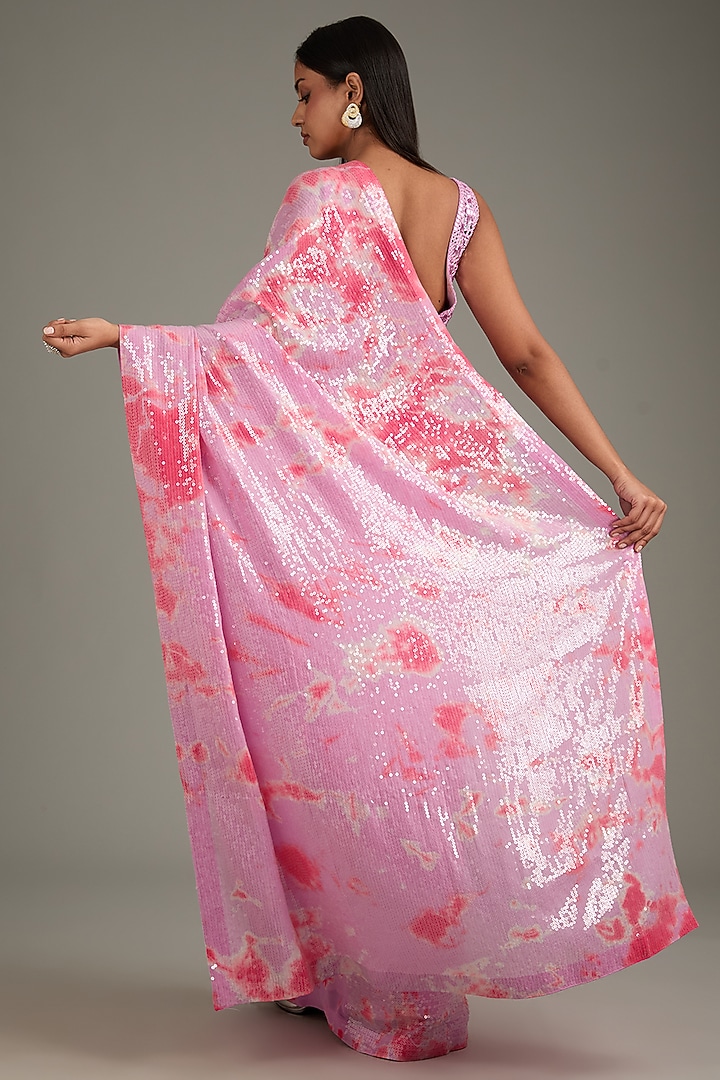 Pink Georgette Sequins Sheeted Tie-Dye Reception Saree Set by Akanksha Gajria at Pernia's Pop Up Shop