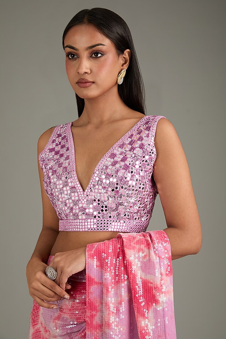 Pink Georgette Sequins Sheeted Tie-Dye Reception Saree Set by Akanksha Gajria at Pernia's Pop Up Shop
