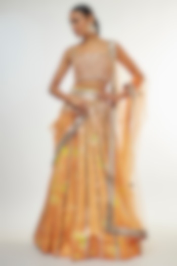 Orange Raw Silk Hand Tie- Dye Printed & Mirror Embroidered Bridal Lehenga Set by Akanksha Gajria at Pernia's Pop Up Shop