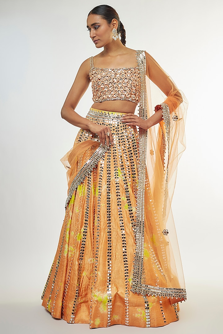 Orange Raw Silk Hand Tie- Dye Printed & Mirror Embroidered Bridal Lehenga Set by Akanksha Gajria at Pernia's Pop Up Shop